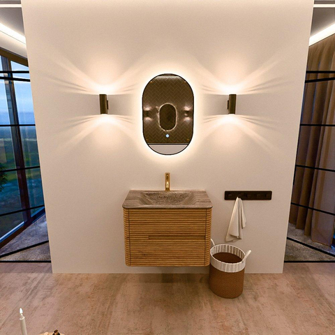 Mondiaz CIRO-DLUX Badkamermeubelset - 70x45x50cm - Solid surface wastafel Oza - 1 wasbak Midden - 1 kraangat - 2 lades - Oak SW1531489