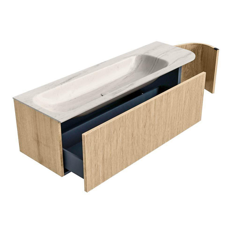 MONDIAZ KURVE-DLUX 145cm meuble de salle de bain courbure droite couleur chêne avec 1 tiroir et 1 porte. Vasque BIG LARGE gauche sans trou de robinet Meli. SW1431648