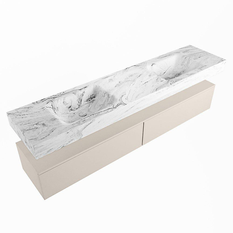 Mondiaz ALAN-DLUX Ensemble de meuble - 200cm - meuble Linen mat - 2 tiroirs - Lavabo Cloud Glace suspendu - vasque Gauche et droite - 2 trous de robinet SW805991