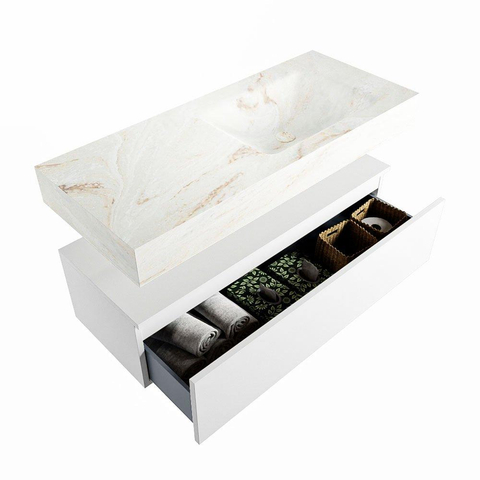 Mondiaz ALAN-DLUX Ensemble de meuble - 110cm - meuble Talc mat - 1 tiroir - Lavabo Cloud Frappe suspendu - vasque Droite - 0 trous de robinet SW805036