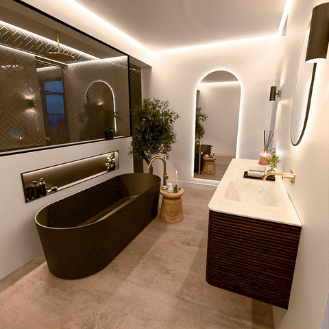 Mondiaz CIRO-DLUX Meuble de salle de bains ensemble - 160x45x50cm - plan vasque Solid surface Opalo - 1 lavabo à droite - sans trous de robinetterie - 4 tiroirs - Noyer SW1530333