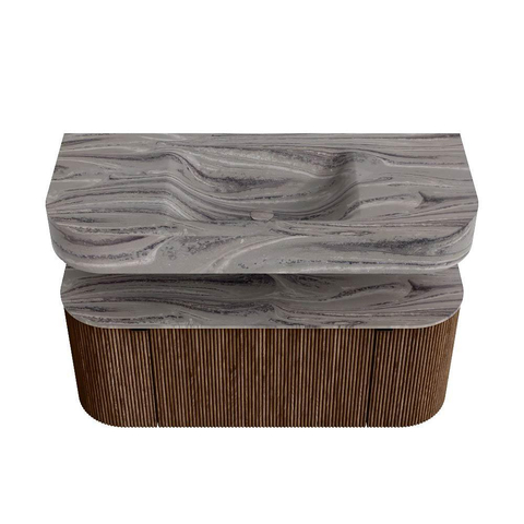 MONDIAZ THOR-DLUX 110cm meuble de salle de bains arrondi gauche + droite couleur Walnut avec 1 tiroir et 2 portes. Vasque suspendue CLOUD Milieu sans trou de robinet couleur Sombra. SW1463017