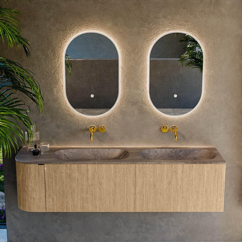 MONDIAZ KURVE-DLUX meuble de salle de bains 165cm courbure gauche couleur chêne avec 2 tiroirs et 1 porte. Lavabo STOR SMALL double / droit sans trou de robinetterie Oza. SW1432687