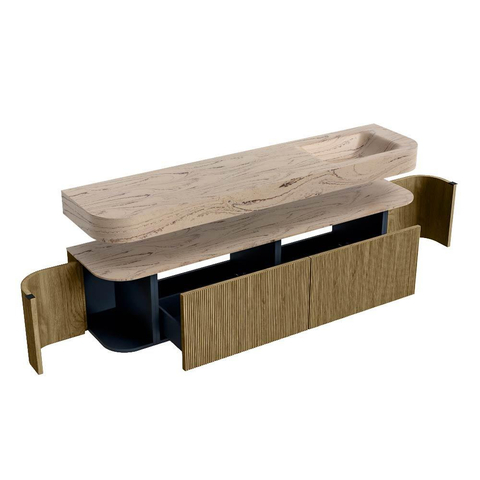 MONDIAZ THOR-DLUX 190cm meuble de salle de bains arrondi gauche + droite couleur Dusk avec 2 tiroirs et 2 portes. Vasque suspendue CLOUD Droite sans trou de robinet couleur Arena. SW1466601