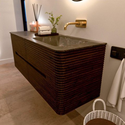Mondiaz CIRO-DLUX Badkamermeubelset - 130x45x50cm - Solid surface wastafel Lava - 1 wasbak Rechts - zonder kraangaten - 4 lades - Walnut SW1530171