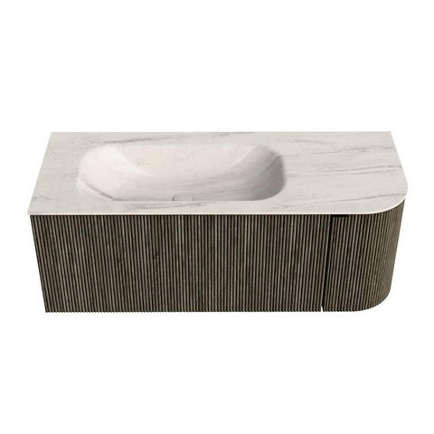 MONDIAZ KURVE-DLUX 115cm badmeubel ronding Rechts kleur Shadow met 1 lade en 1 deur. Wastafel BIG SMALL Links 1 kraangat Meli. SW1431772