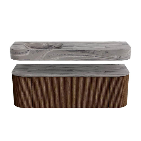 MONDIAZ THOR-DLUX 140cm badmeubel ronding links + rechts kleur Walnut met 1 lade en 2 deuren. Vrijhangende wastafel CLOUD Links zonder kraangat kleur Sombra. SW1464386