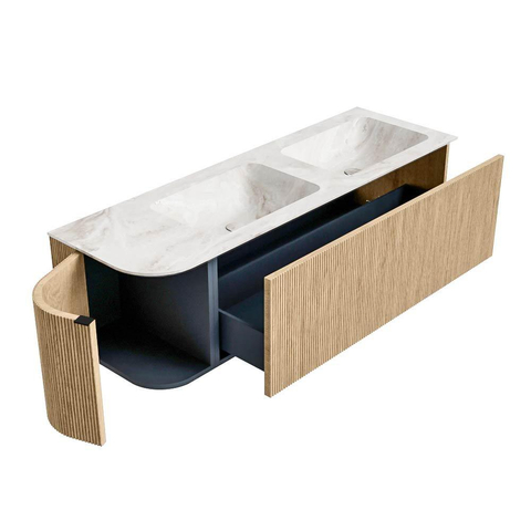 MONDIAZ KURVE-DLUX Meuble de salle de bains 145 cm avec module 25 L couleur Oak avec 1 tiroir et 1 porte. Lavabo LEAF double / à droite sans trou de robinet couleur Frappe. SW1137381