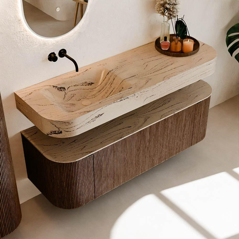 MONDIAZ THOR-DLUX 140cm meuble de salle de bains arrondi gauche + droite couleur Walnut avec 1 tiroir et 2 portes. Vasque suspendue CLOUD gauche sans trou de robinet couleur Arena. SW1464471