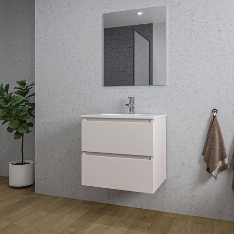 Saniclass Chaci Meuble de salle de bain - 60x46x55cm - lavabo en céramique blanc - 1 vasque ovale - 1 trou de robinet - 2 tiroirs - miroir rectangulaire - mat cotton (beige) SW1182328