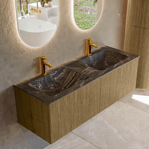 Mondiaz KURVE-DLUX Ensemble meuble de salle de bains - 130x46x40cm - 2 tiroirs - lavabo solid surface - double - 2 trous de robinet - Dusk SW1415531