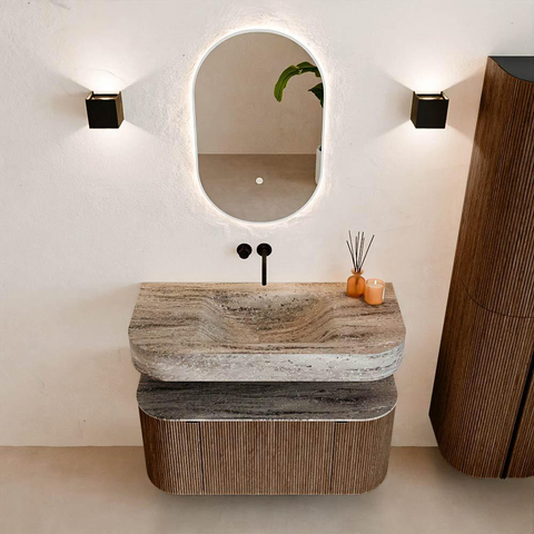 MONDIAZ THOR-DLUX 100cm meuble de salle de bains arrondi gauche + droite couleur Walnut avec 1 tiroir et 2 portes. Vasque suspendue CLOUD Milieu sans trou de robinet couleur Oza. SW1467574