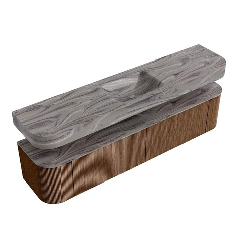 MONDIAZ THOR-DLUX 200cm meuble de salle de bains arrondi gauche + droite couleur Walnut avec 2 tiroirs et 2 portes. Vasque suspendue CLOUD Milieu sans trou de robinet couleur Sombra. SW1467271