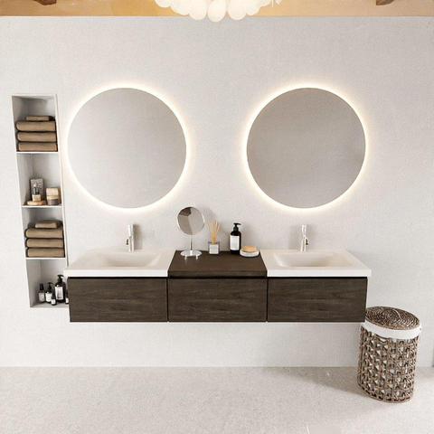 MONDIAZ BUKLA meuble de salle de bain 180 cm avec module 60 couleur Marron Foncé avec 3 tiroirs. Lavabo CLOUD double 2 trous de robinet couleur Talc. SW1382356