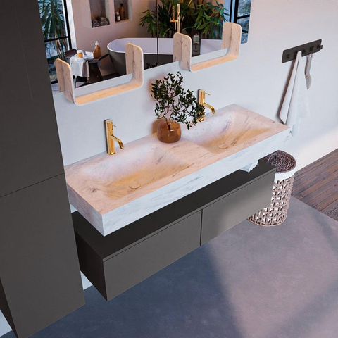 Mondiaz ALAN-DLUX Ensemble de meuble - 130cm - meuble Dark grey mat - 2 tiroirs - Lavabo Cloud Opalo suspendu - vasque Gauche et droite - 2 trous de robinet SW806522