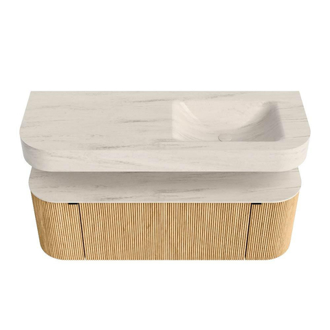 MONDIAZ THOR-DLUX 130cm meuble de salle de bains arrondi gauche + droite couleur Oak avec 1 tiroir et 2 portes. Vasque suspendue CLOUD droite sans trou de robinet couleur Meli. SW1463799