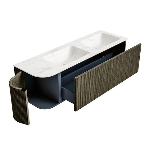 Mondiaz KURVE-DLUX Ensemble meuble de salle de bains - 145x46x40cm - 1 tiroir - 1 porte - lavabo solid surface - double / droite - 2 trous de robinet - Shadow SW1414485