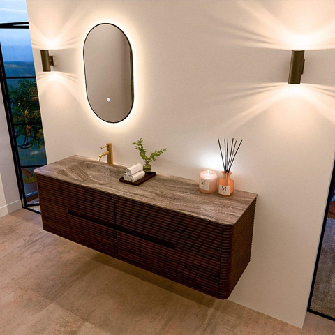 Mondiaz CIRO-DLUX Badkamermeubelset - 160x45x50cm - Solid surface wastafel Oza - 1 wasbak Links - 1 kraangat - 4 lades - Walnut SW1530642