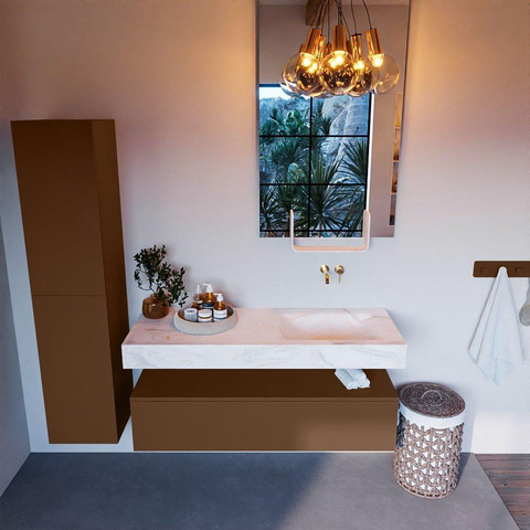 Mondiaz ALAN-DLUX Ensemble de meuble - 130cm - meuble Rust mat - 1 tiroir - Lavabo Cloud Ostra suspendu - vasque Droite - 0 trous de robinet SW807547