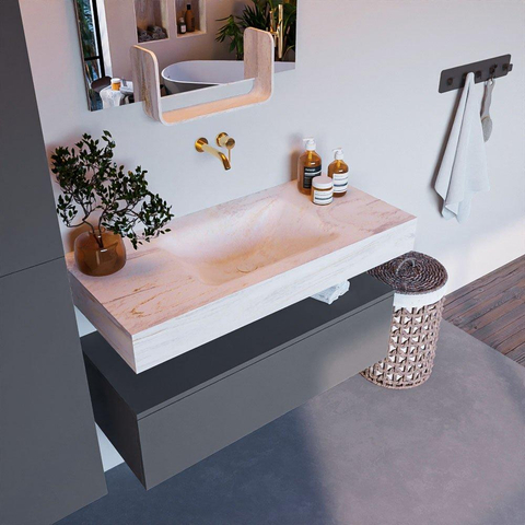 Mondiaz ALAN-DLUX Ensemble de meuble - 100cm - meuble - Plata mat - 1 tiroir - Lavabo Cloud Ostra suspendu - vasque Centre - 0 trous de robinet - Beige SW807805