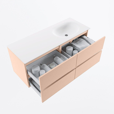 MONDIAZ VICA Ensemble meuble de salle de bains - 120cm - meuble bas rosee - 4 tiroirs - lavabo moon à droite - sans trous de robinet - version haute 60cm - talc SW1080410
