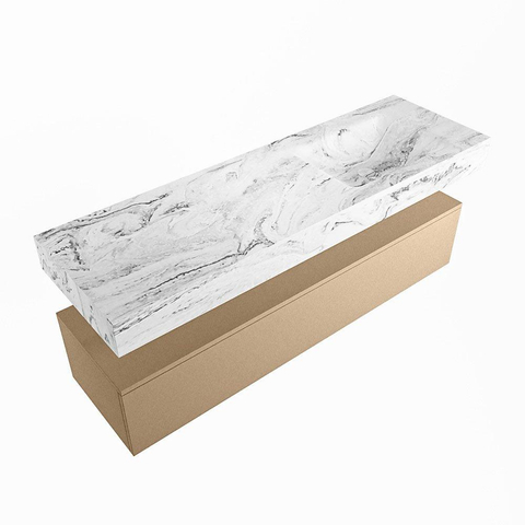 Mondiaz ALAN-DLUX Ensemble de meuble - 150cm - meuble Oro mat - 1 tiroir - Lavabo Cloud Glace suspendu - vasque Droite - 0 trous de robinet SW806023