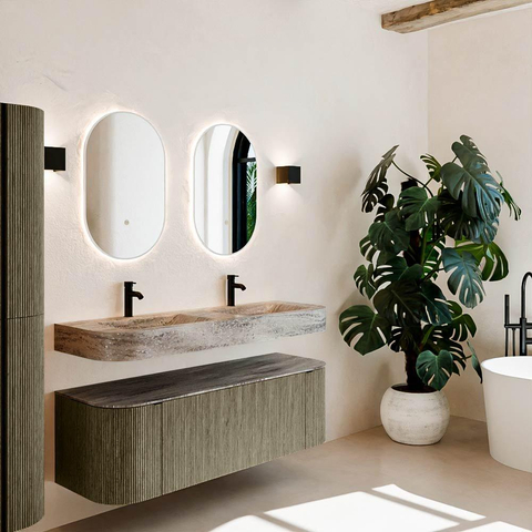 MONDIAZ THOR-DLUX 140cm meuble de salle de bains arrondi gauche + droite couleur Shadow avec 1 tiroir et 2 portes. Vasque suspendue CLOUD Double 2 trous de robinet couleur Oza. SW1464293