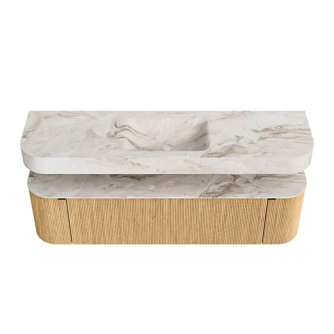 MONDIAZ THOR-DLUX 170cm badmeubel ronding links + rechts kleur Oak met 1 lade en 2 deuren. Vrijhangende wastafel CLOUD Midden zonder kraangat kleur Frappe. SW1465414
