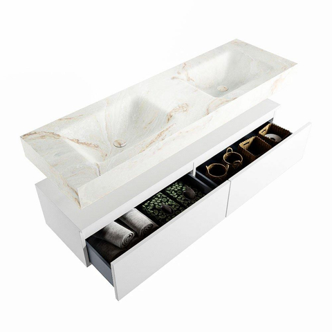 Mondiaz ALAN-DLUX Ensemble de meuble - 150cm - meuble Talc mat - 2 tiroirs - Lavabo Cloud Frappe suspendu - vasque Gauche et droite - 2 trous de robinet SW805266