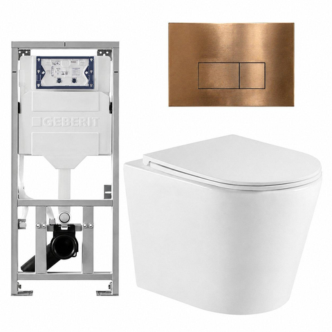 QeramiQ Dely Pack WC cuvette sans bride 36.3x51.7cm avec bâti-support Geberit UP320 abattant WC blanc brillant frein de chute et plaque de commande Cuivre boutons Rectangulaires SW804658