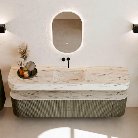 MONDIAZ THOR-DLUX 190cm meuble de salle de bains arrondi gauche + droite couleur Shadow avec 2 tiroirs et 2 portes. Vasque suspendue CLOUD Milieu sans trou de robinet couleur Nata. SW1466791