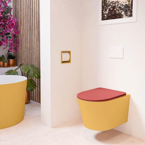 Mondiaz LAVIE hangtoilet – spoelrandloos – 36 x 53 cm – met softclose zitting – Ocher (geel), zitting Fire (rood) SW1208620