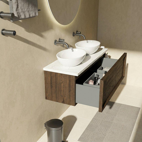 Saniclass Holz Frame Badkamermeubelset - 120x45x43cm - Dia marmeren wastafelblad gepolijst (wit) - zonder kraangat - 1 lade - mat eiken charcoal (hout) SW1478366