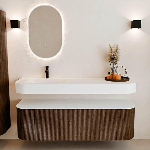 MONDIAZ THOR 150cm badmeubel ronding links + rechts kleur Walnut met 1 lade en 2 deuren. Vrijhangende wastafel CLOUD Links 1 kraangat kleur Talc. SW1464631