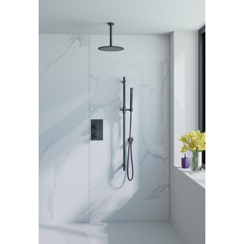 FugaFlow Eccelente Acces Ensemble de douche de tête encastré - thermostatique - bras de plafond - barre coulissante - douche de tête 30cm - douchette à main sur barre - flexible de douche métallique - noir mat SW1450627