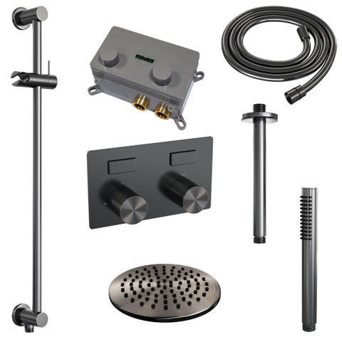 BRAUER gunmetal Carving Thermostatische Regendouche inbouw - drukknoppen - SET 65 - 20cm hoofddouche - plafondarm - staaf handdouche - doucheslang - geïntegreerde glijstang - gunmetal geborsteld PVD SW925702