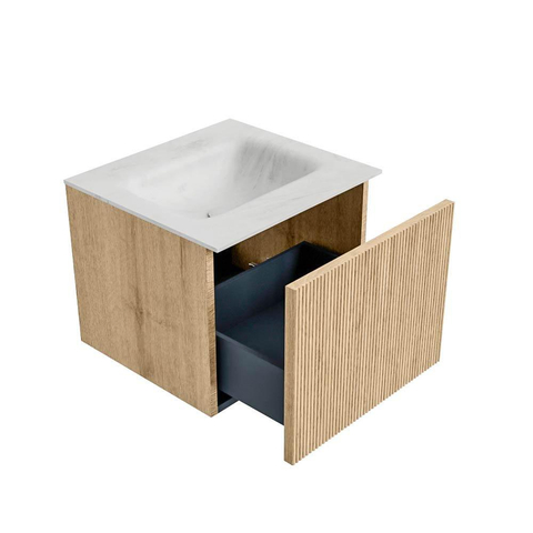MONDIAZ KURVE-DLUX Meuble de salle de bains 50 cm couleur Oak avec 1 tiroir. Lavabo GRUNNE central 1 trou de robinetterie couleur Opalo. SW1137498