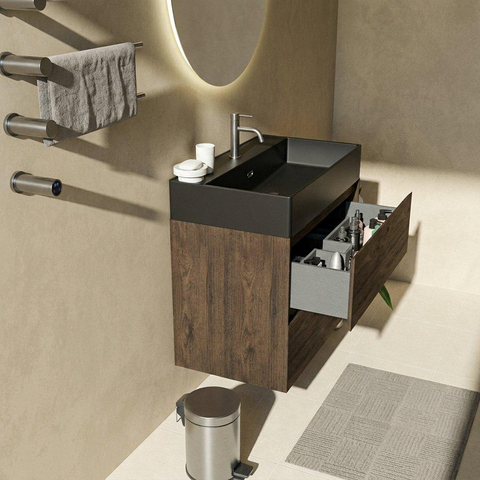 Saniclass Holz Pure Badkamermeubelset - 80x45x72cm - Legend keramische wastafel mat zwart - 1 wasbak - 1 kraangat - 2 lades - mat eiken charcoal (hout) SW1580183