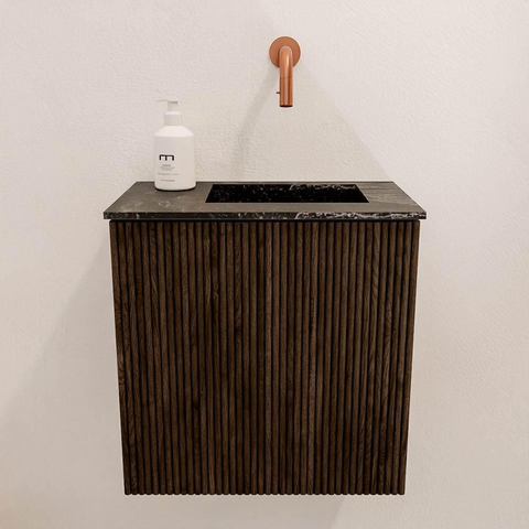 Mondiaz JOYA-DLUX 40cm toiletmeubel - kleur Walnut - Wastafel FAYE positie Rechts Zonder kraangat kleur Lava. SW1422412