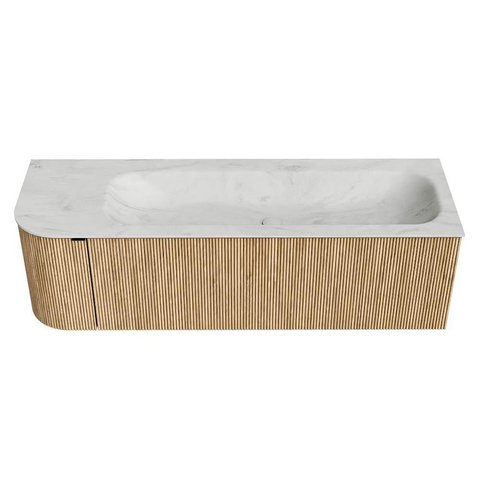 MONDIAZ KURVE-DLUX Meuble de salle de bains 145 cm avec module 25 L couleur Oak avec 1 tiroir et 1 porte. Lavabo BIG LARGE à droite sans trou de robinet couleur Opalo. SW1137562