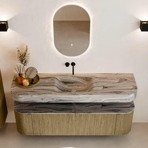 MONDIAZ THOR-DLUX 160cm meuble de salle de bains arrondi gauche + droite couleur Dusk avec 1 tiroir et 2 portes. Vasque suspendue CLOUD Milieu sans trou de robinet couleur Sombra. SW1465385