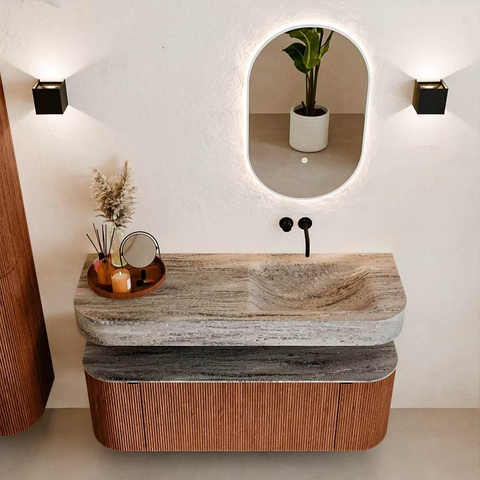 MONDIAZ THOR-DLUX 130cm meuble de salle de bains arrondi gauche + droite couleur Ruby avec 1 tiroir et 2 portes. Vasque suspendue CLOUD droite sans trou de robinet couleur Oza. SW1464009