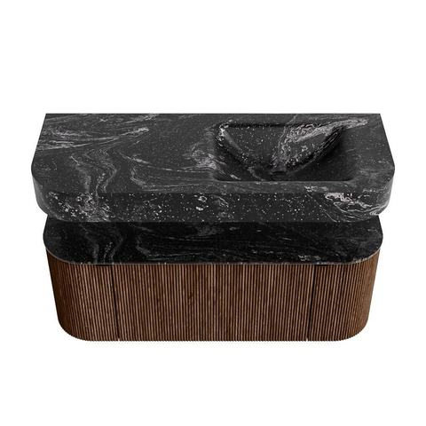 MONDIAZ THOR-DLUX 120cm meuble de salle de bains arrondi gauche + droite couleur Walnut avec 1 tiroir et 2 portes. Vasque suspendue CLOUD droite sans trou de robinet couleur Lava. SW1463218