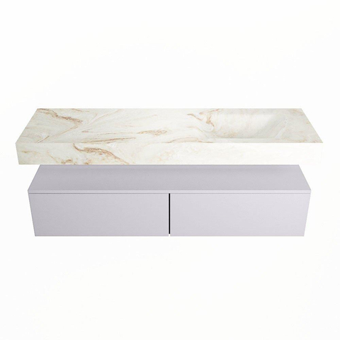 Mondiaz ALAN-DLUX Ensemble de meuble - 150cm - meuble Cale mat - 2 tiroirs - Lavabo Cloud Frappe suspendu - vasque Droite - 0 trous de robinet SW804820