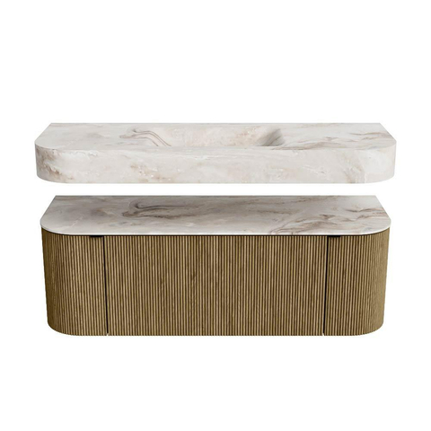MONDIAZ THOR-DLUX 130cm meuble de salle de bains arrondi gauche + droite couleur Dusk avec 1 tiroir et 2 portes. Vasque suspendue CLOUD Milieu 1 trou de robinet couleur Frappe. SW1463628