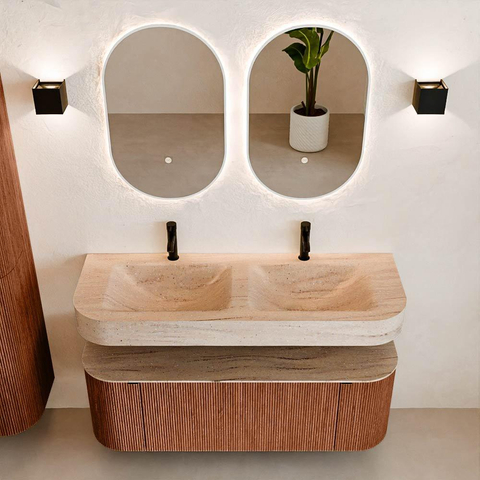 MONDIAZ THOR-DLUX Meuble de salle de bains 130cm arrondi gauche + droite couleur Ruby avec 1 tiroir et 2 portes. Vasque suspendue CLOUD Double 2 trous de robinet couleur Saba. SW1464050