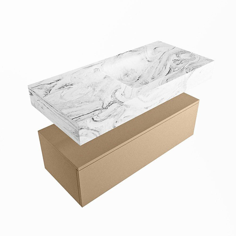 Mondiaz ALAN-DLUX Ensemble de meuble - 100cm - meuble Oro mat - 1 tiroir - Lavabo Cloud Glace suspendu - vasque Droite - 1 trou de robinet SW806132