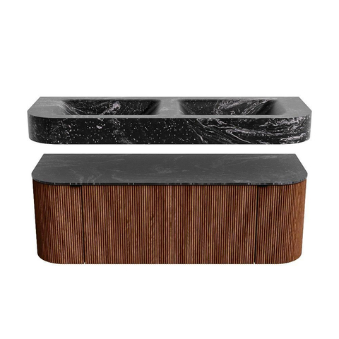 MONDIAZ THOR-DLUX 130cm meuble de salle de bains arrondi gauche + droite couleur Ruby avec 1 tiroir et 2 portes. Vasque suspendue CLOUD Double 2 trous de robinet couleur Lava. SW1463702