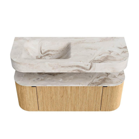 MONDIAZ THOR-DLUX 120cm meuble de salle de bains arrondi gauche + droite couleur Oak avec 1 tiroir et 2 portes. Vasque suspendue CLOUD Gauche sans trou de robinet couleur Frappe. SW1463065