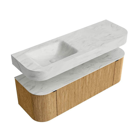 MONDIAZ THOR-DLUX Meuble de salle de bains 140cm arrondi gauche + droite couleur Oak avec 1 tiroir et 2 portes. Vasque suspendue CLOUD Gauche 1 trou de robinet couleur Opalo. SW1463946